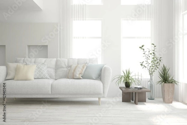 Obraz Soft color living room with sofa. Scandinavian interior design. 3D illustration