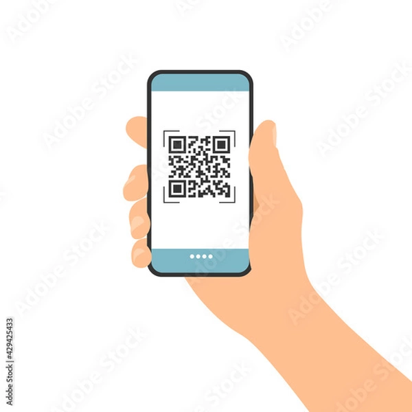 Fototapeta Flat design illustration of male hand holding touch screen mobile phone. QR code scan for payment or identification, vector