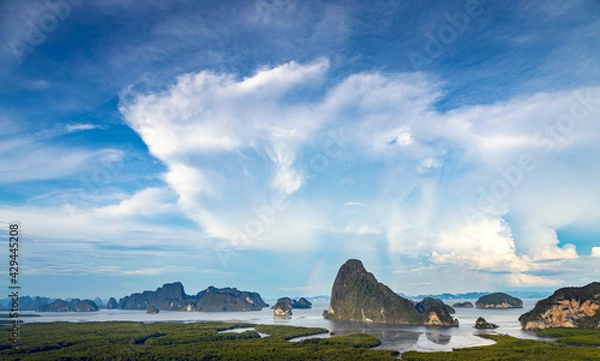Fototapeta Panoramic View Landscape Samet Nangshe viewpoint at Phang Nga Bay ,Thailand. Silhouette landscape with mangrove forest in the early morning before sunrise.