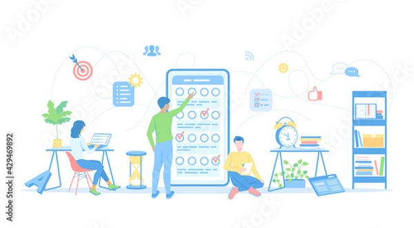 Fototapeta Online mobile survey testing questionnaire. A group of people making online testing, examination. Phone screen with online filling forms. Vector illustration flat style. 