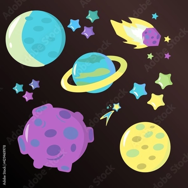 Fototapeta  ollection of planets., stars and meteors on a dark background Open space and set of celestial bodies Cartoon illustration