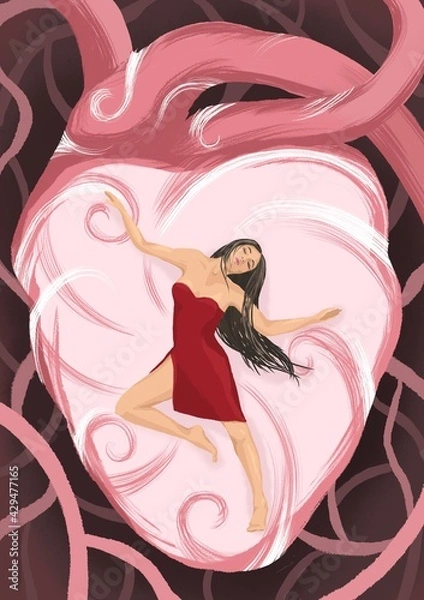 Fototapeta Woman is dancing with pleasure in her heart. Girl is listening her heart and soul. Free, sensual, passionate dance of woman in red dress