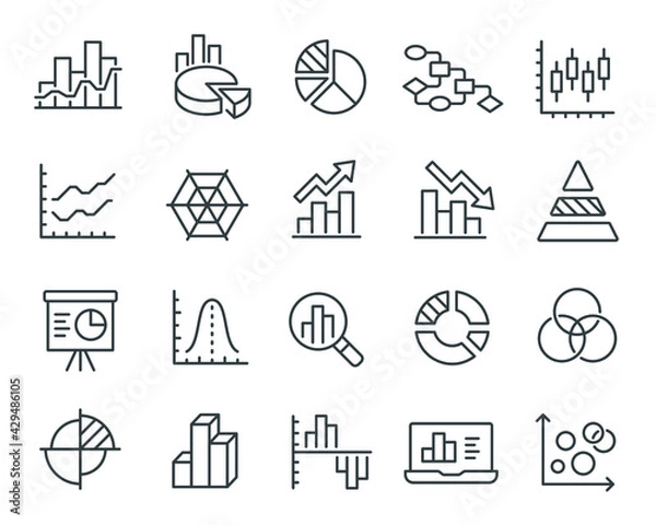 Fototapeta Graphs and Сharts Icons Set. Such as Line and Pie Chart , Bar Histograms and others. Editable vector stroke.