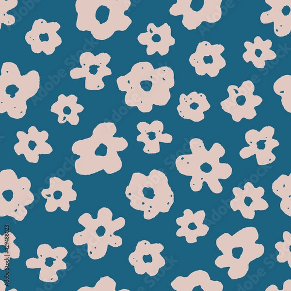 Fototapeta Seamless floral pattern with pink flowers on a blue background. Spring frequent flower texture. Hand drawn vector illustration great for fabric surface design, textile, background.
