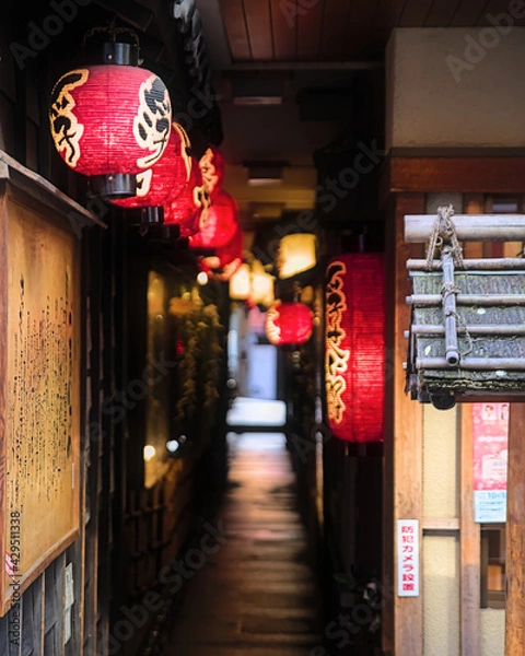 Obraz Selective focus on the first of a line of red paper lanterns leading into a dimly lit covered alley in central Osaka