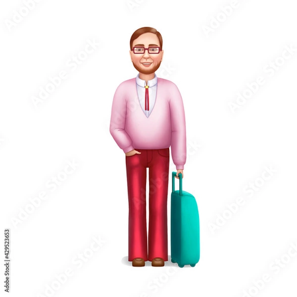 Fototapeta stylized intelligent male traveler in pink and red clothes with an azure suitcase