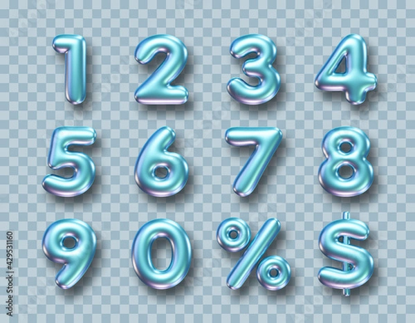 Fototapeta Blue metallic three dimensional numbers isolated on transparent background