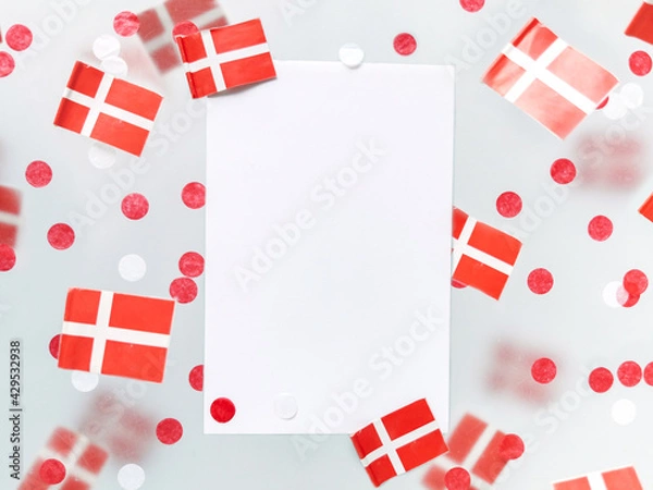Fototapeta Denmark. June 5, constitution day, September 21, happy independence day, national holiday, flag foggy background. Dannebrog. Defocusing