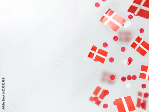 Fototapeta Denmark. June 5, constitution day, September 21, happy independence day, national holiday, flag foggy background. Dannebrog. Defocusing