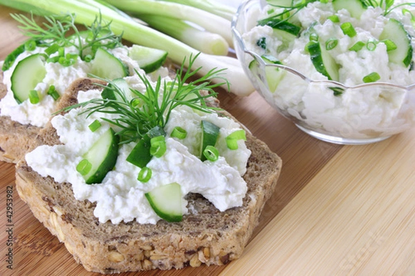 Fototapeta Sandwich with cottage cheese, cucumber and chives