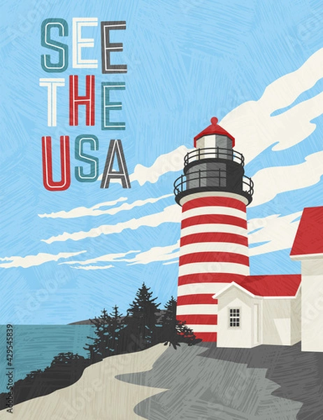 Fototapeta Retro style travel poster design for the United States.  Scenic image of a lighthouse on the coast. Limited colors, no gradients.  Vector illustration.