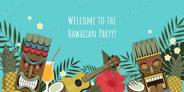 Obraz Hawaiian party invitation. Vector image of Hawaiian tiki statues, palm leaves, flowers, pineapple, coconut.