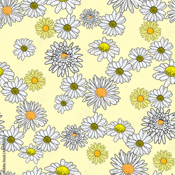 Fototapeta Vector yellow background daisy flowers and wild flowers. Seamless pattern background