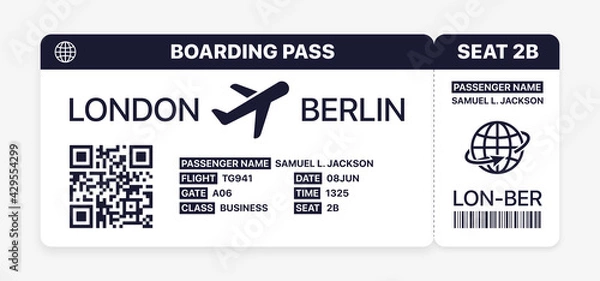 Obraz Realistic airline ticket. Isolated flight boarding pass  on white background. Modern plane ticket with city, passenger, gate, flight, class, seat. Travel concept, flat vector illustration.