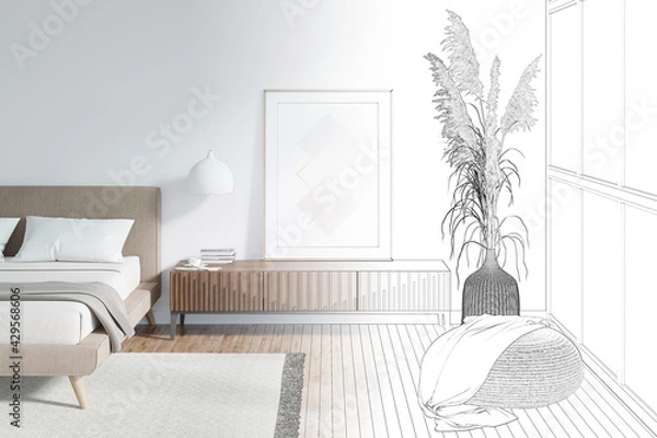 Fototapeta The sketch becomes a real sunny bedroom with a vertical poster on a wooden curbstone next to the bed, pampas grass in a wicker basket near the window, a blanket on a round pouf. 3d render
