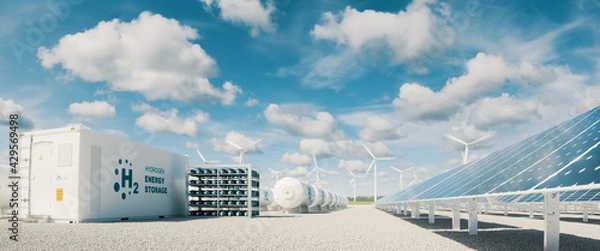 Fototapeta Modern hydrogen energy storage system accompaind by large solar power plant and wind turbine park in sunny summer afteroon light with blue sky and scattered clouds. 3d rendering.