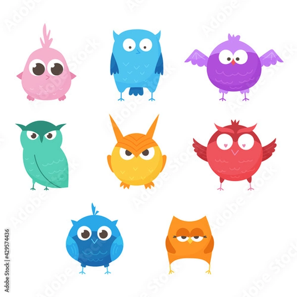 Obraz Isolated on white background cute forest owls. Set of cartoon animals for print, children development. Varieties of decorative colored birds, flat geometric design. Vector illustration