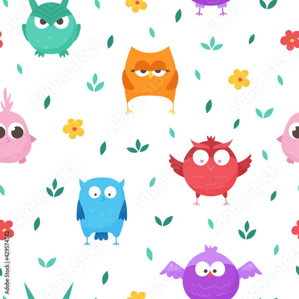 Fototapeta Isolated, seamless, vector pattern with forest owls. Set of cartoon animals for print, children development. Graphic, decorative, colored birds, flat design. Vector illustration