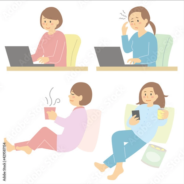 Fototapeta 正しい　生活　20代　女性　良い　悪い　不規則　パソコン　頭痛　不調　好調　スマホ　スナック　酒　カフェイン