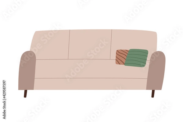 Fototapeta Cozy sofa with pollows isolated on white background. Flat cartoon vector illustration.