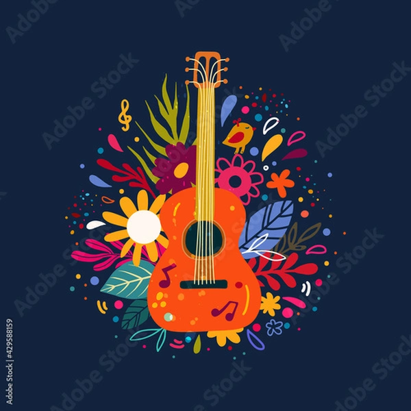 Obraz Guitar flat hand drawn vector illustration. Vector