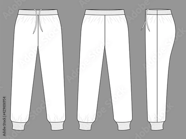 Obraz White Tracksuit Pants Template on Gray Background. Front, Back, and Side Views, Vector File.