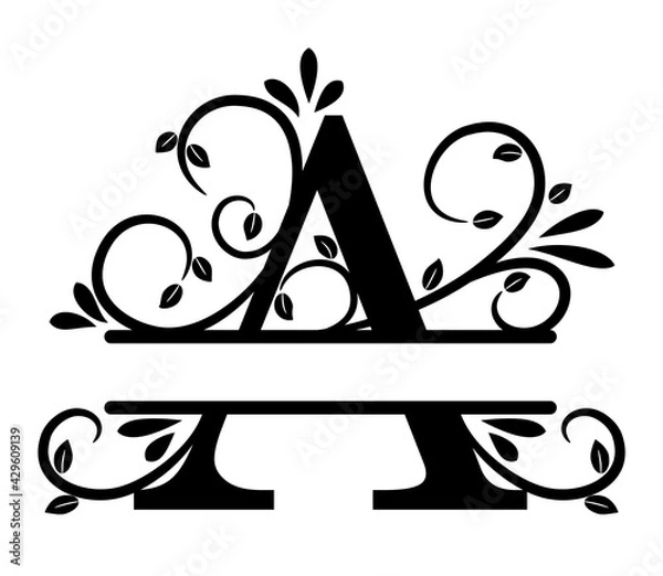 Obraz Split letter A monogram. Elegant letter A with curls and leaves. Split letter, place to insert first or last name. Initials for a gift, a print, a personalized logo, tag. Black silhouette, vector
