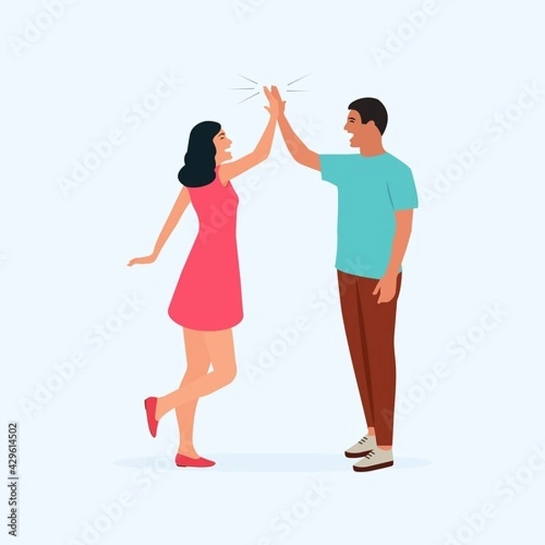 Fototapeta Informal greeting flat vector illustration.Happy people giving high five. Friends greeting or supporting each other. Concept of friendship, partnership and success.