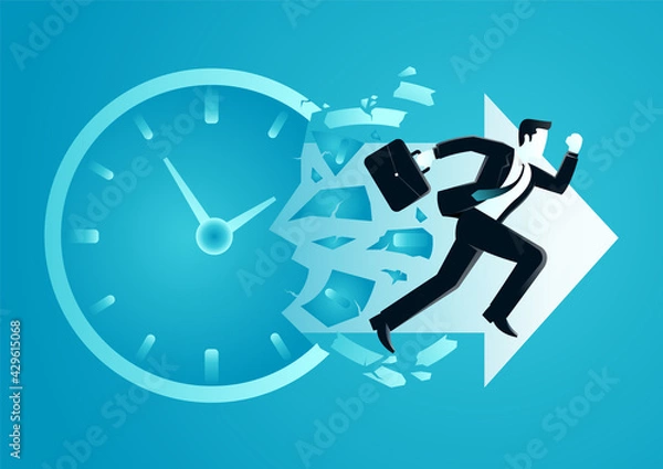 Fototapeta vector illustration of businessman breaking a o clock face running for a profit. describe time is money, compete, move and faster. business concept illustration
