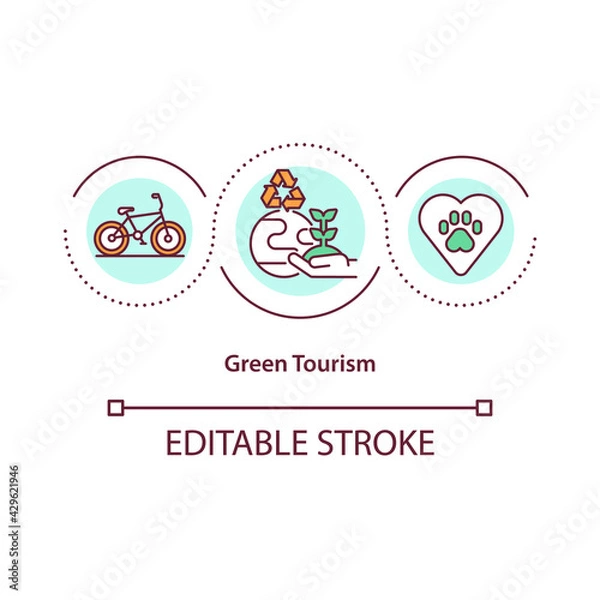 Fototapeta Green tourism concept icon. Tour for discovering natural environment. Exotic places of our planet idea thin line illustration. Vector isolated outline RGB color drawing. Editable stroke
