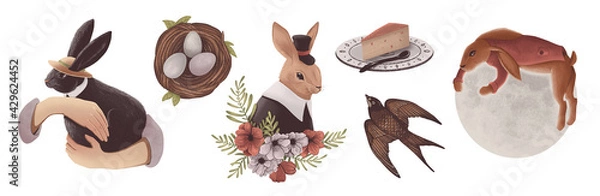 Fototapeta a set of spring stickers for Easter, hares in a hat, a hare in the hands, a hare on the moon, a pie, a swallow, Easter eggs in a nest, 2D illustration