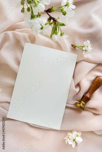 Obraz Mockup invitation, blank paper greeting card, floral background, flat lay