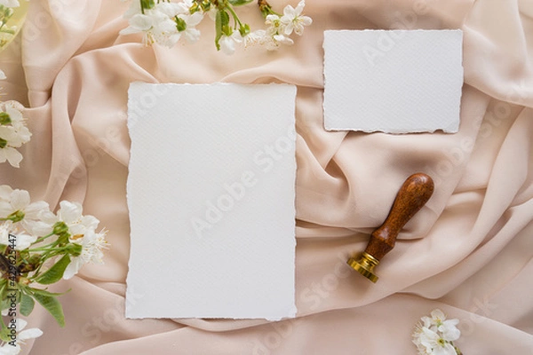 Obraz Mockup invitation, blank paper greeting card, floral background, flat lay