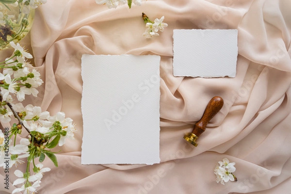 Obraz Mockup invitation, blank paper greeting card, floral background, flat lay