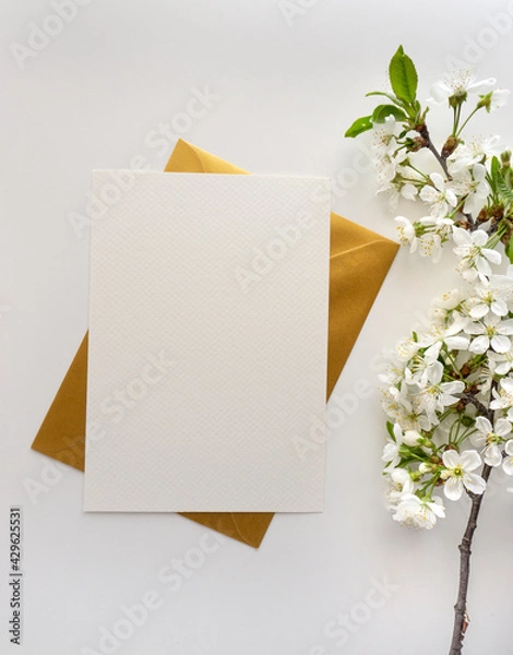 Obraz Mockup invitation, blank paper greeting card, floral background, flat lay