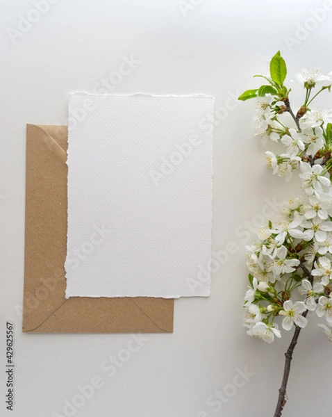 Obraz Mockup invitation, blank paper greeting card, floral background, flat lay