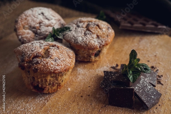 Obraz Homemade muffins with chocolate and mint