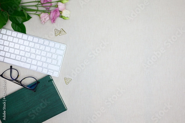 Obraz Working space flat lay mockup, desk view 