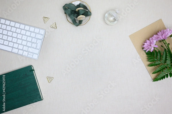 Obraz Working space flat lay mockup, desk view 