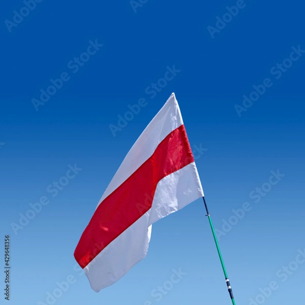 Obraz Isolated waving Belarusian national flag on blue sky background. White-red-white flag. A symbol of peaceful protests in Belarus against the dictatorship after presidential elections.