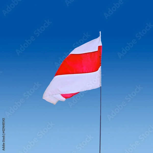 Obraz Isolated waving Belarusian national flag on blue sky background. White-red-white flag. A symbol of peaceful protests in Belarus against the dictatorship after presidential elections.