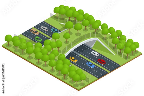 Fototapeta Isometric expressway with a bridge for wildlife. Bridge over a highway in forest
