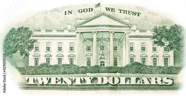 Obraz Close-up 20 US dollar banknotes, reverse side twenty dollar banknote depicting white house. Cash exchange currency.