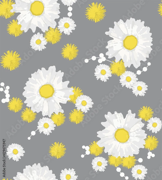 Fototapeta Camomile and dandelion seamless pattern on grey background. Perfect for wallpaper, background, textile or wrapping paper. Flat vector illustration.