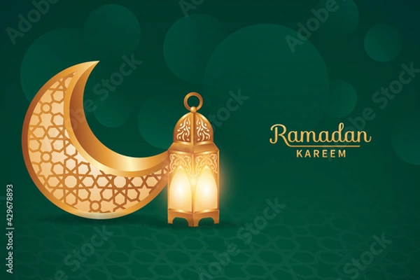 Fototapeta Luxury Ramadan kareem with realistic 3d moon and lantern decorations. Islamic background suitable for Ramadan, Eid al Adha, Eid al Fitr.