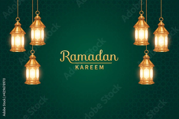 Fototapeta Ramadan kareem with realistic 3d lantern decorations. Islamic background suitable for Ramadan, Eid al Adha, Eid al Fitr.
