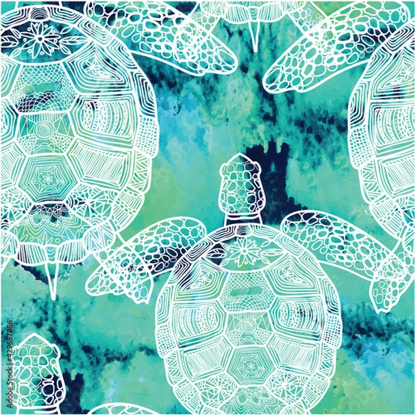 Fototapeta seamless pattern with sea turtles. Marine life. Doodling, mandala pattern. Drawing by hand. Stylish background.