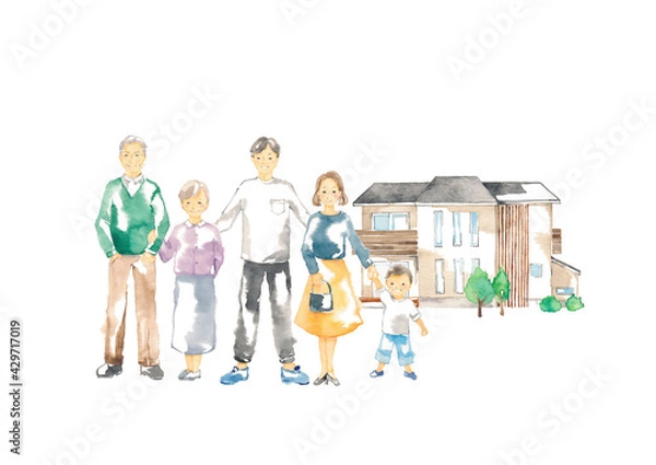 Obraz 笑顔の三世代家族と二世帯住宅