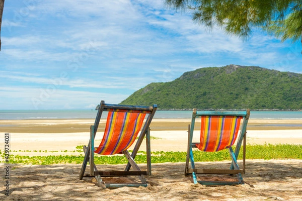 Fototapeta White Sandy Beach of Laem Sala beach which is Flanked On Three Sides By Dry Limestone Hills, Thailand.