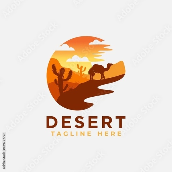 Fototapeta Desert logo design template with sunset and a silhouette of a camel. Vector illustration
